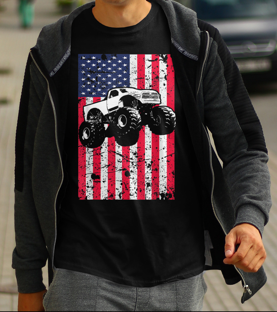 Monster Truck American Flag USA Patriotic Racing T-Shirt