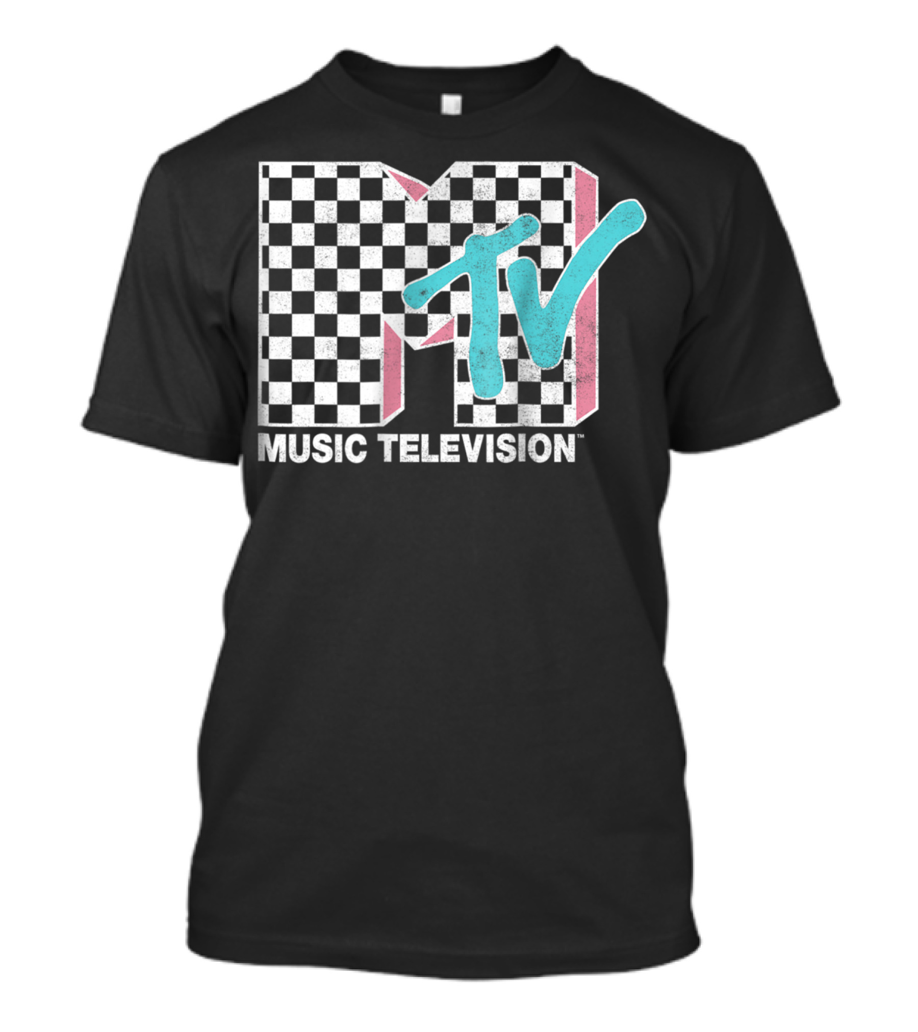 MTV Music Television Neon Distressed Checkered T-Shirt