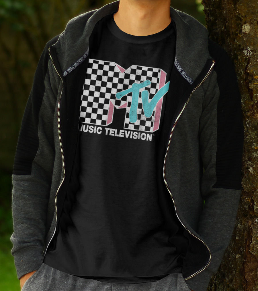 MTV Music Television Neon Distressed Checkered T-Shirt
