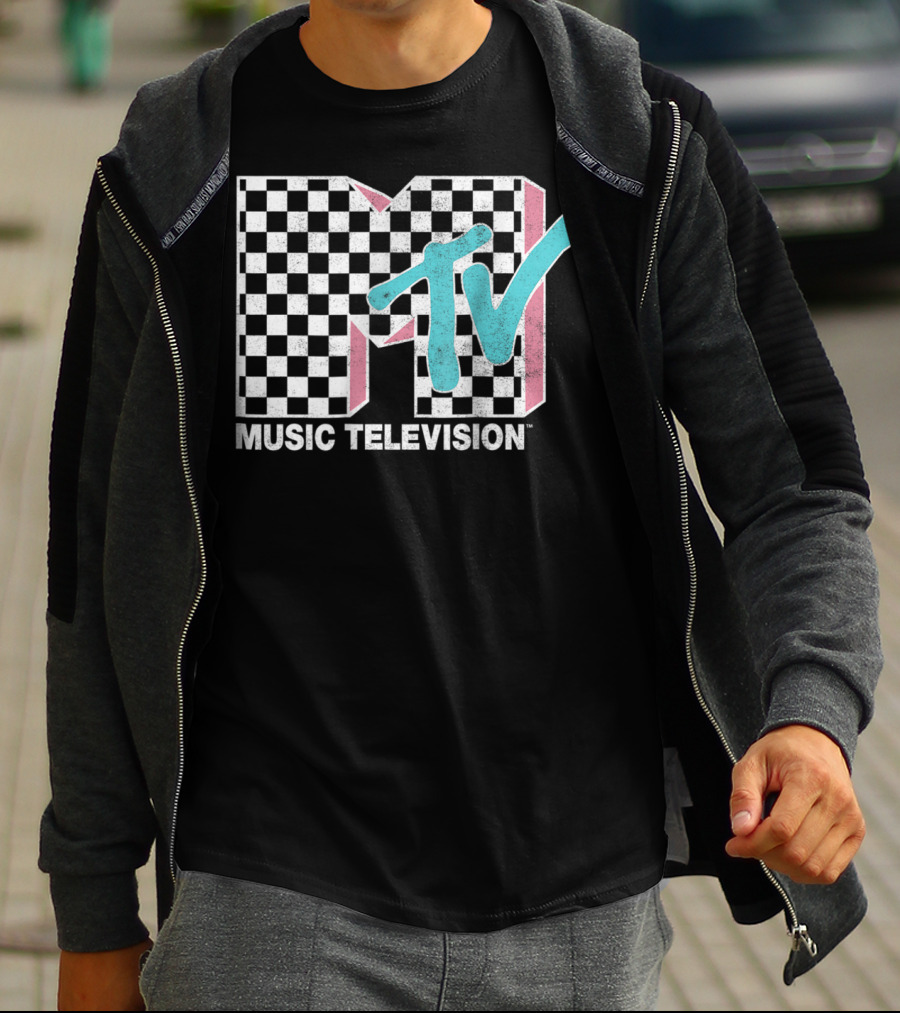 MTV Music Television Neon Distressed Checkered T-Shirt