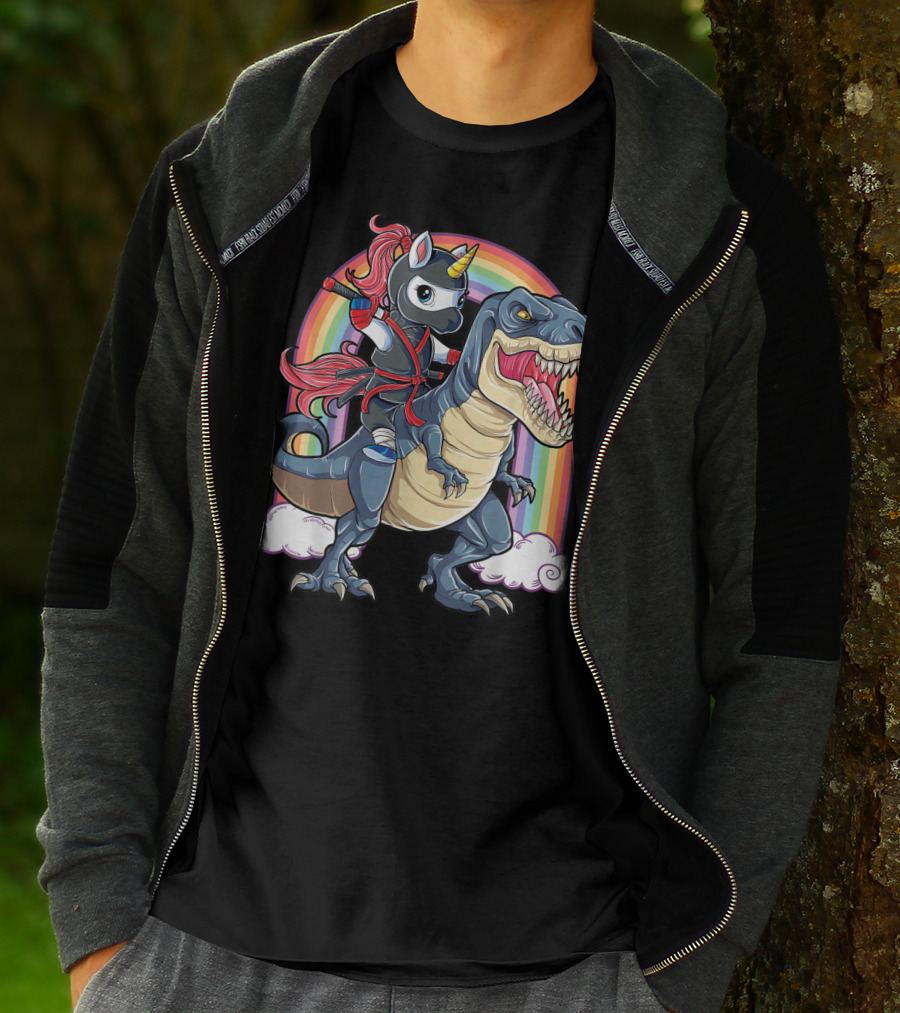 Ninja Unicorn Riding Dinosaur Rex Under Rainbow Clouds T-Shirt