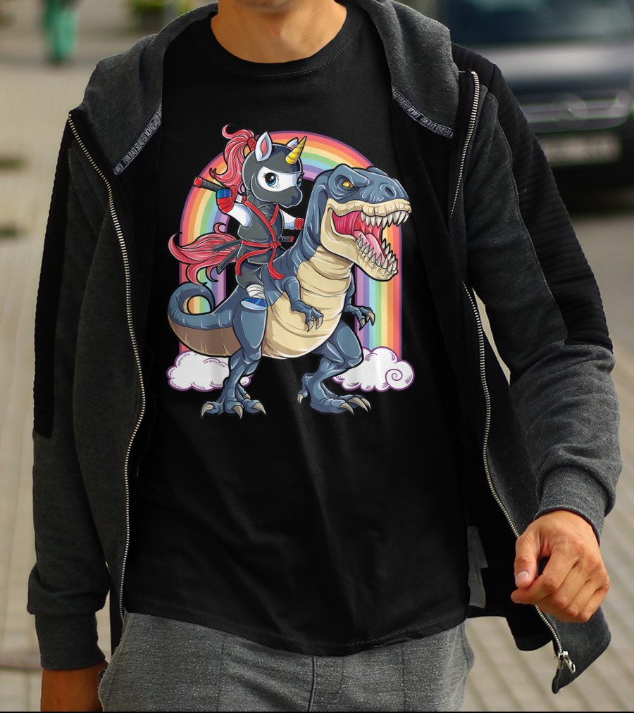 Ninja Unicorn Riding Dinosaur Rex Under Rainbow Clouds T-Shirt