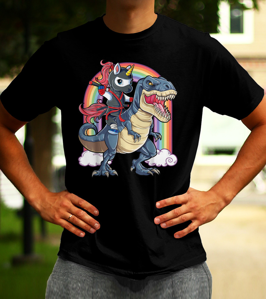 Ninja Unicorn Riding Dinosaur Rex Under Rainbow Clouds T-Shirt