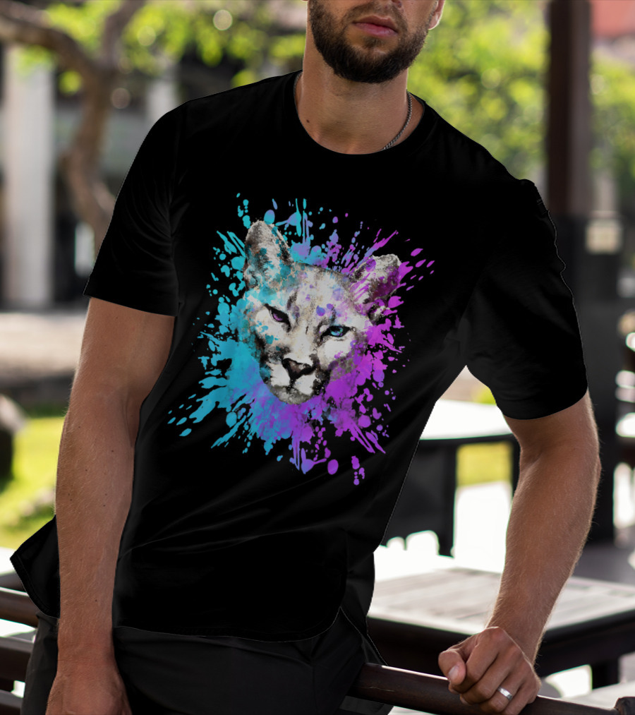 Watercolour Cougar Mountain Lion Artsy Splatter T-Shirt