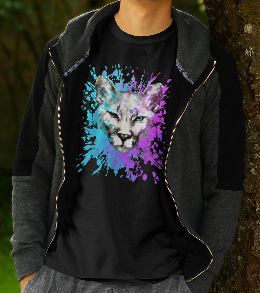 Watercolour Cougar Mountain Lion Artsy Splatter T-Shirt