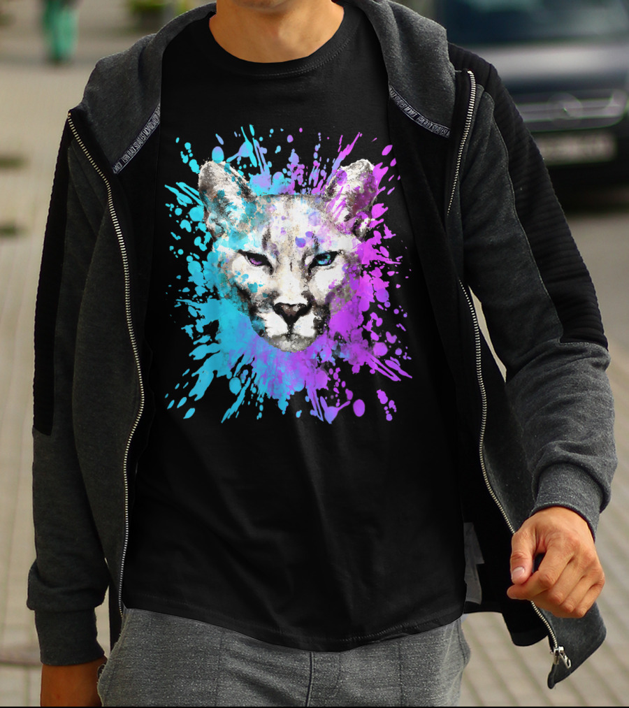 Watercolour Cougar Mountain Lion Artsy Splatter T-Shirt