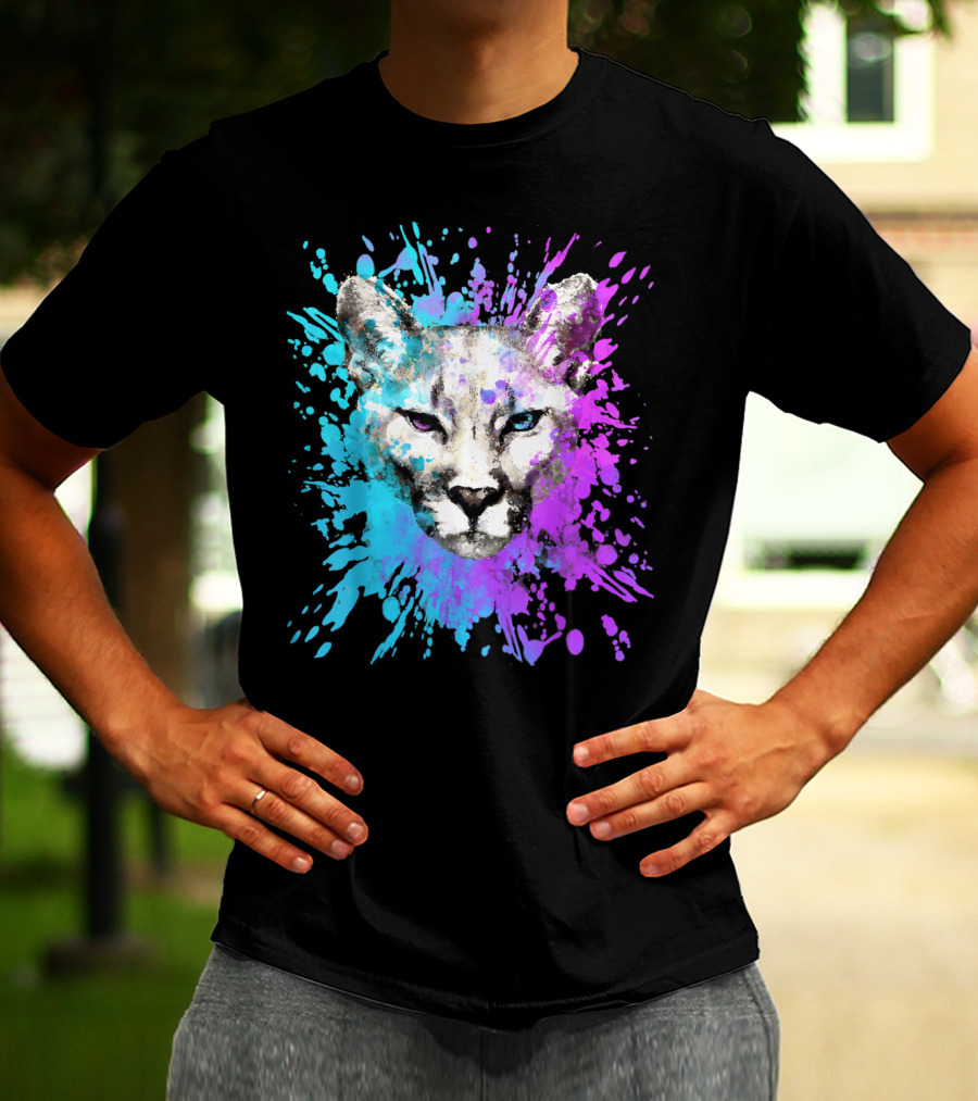 Watercolour Cougar Mountain Lion Artsy Splatter T-Shirt
