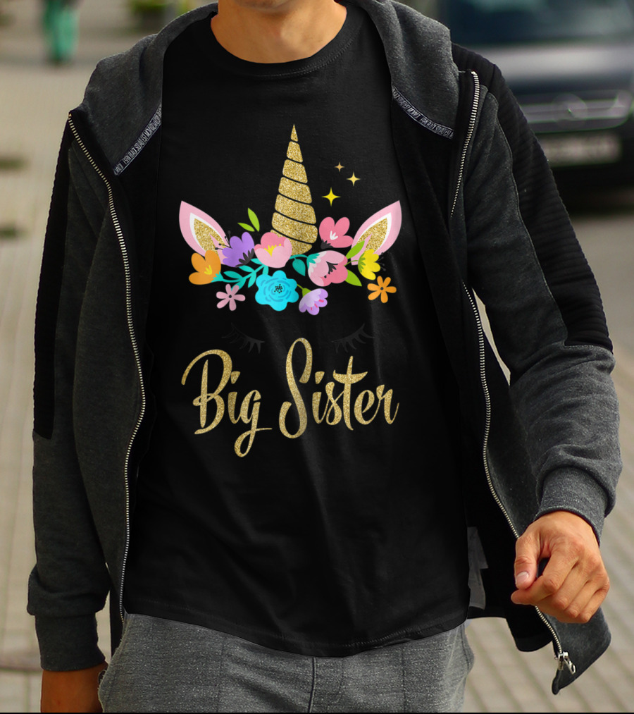 Big Sister Unicorn Floral Horn And Ears T-Shirt