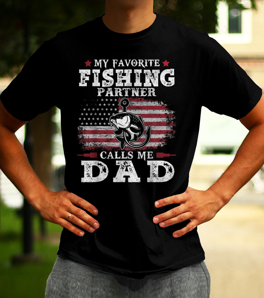 My Favorite Fishing Partner Calls Me Dad American Flag Fish Anchor T-Shirt