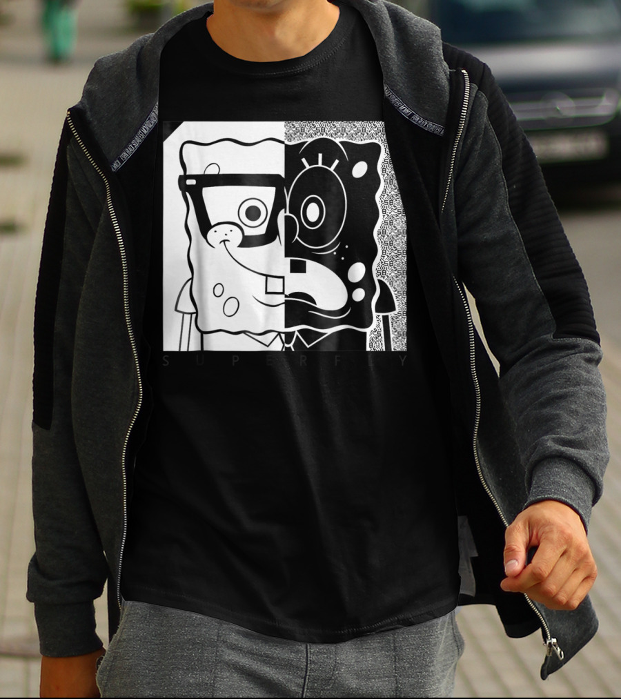 SpongeBob SquarePants Superfly Black And White Optical Illusion Comic T-Shirt