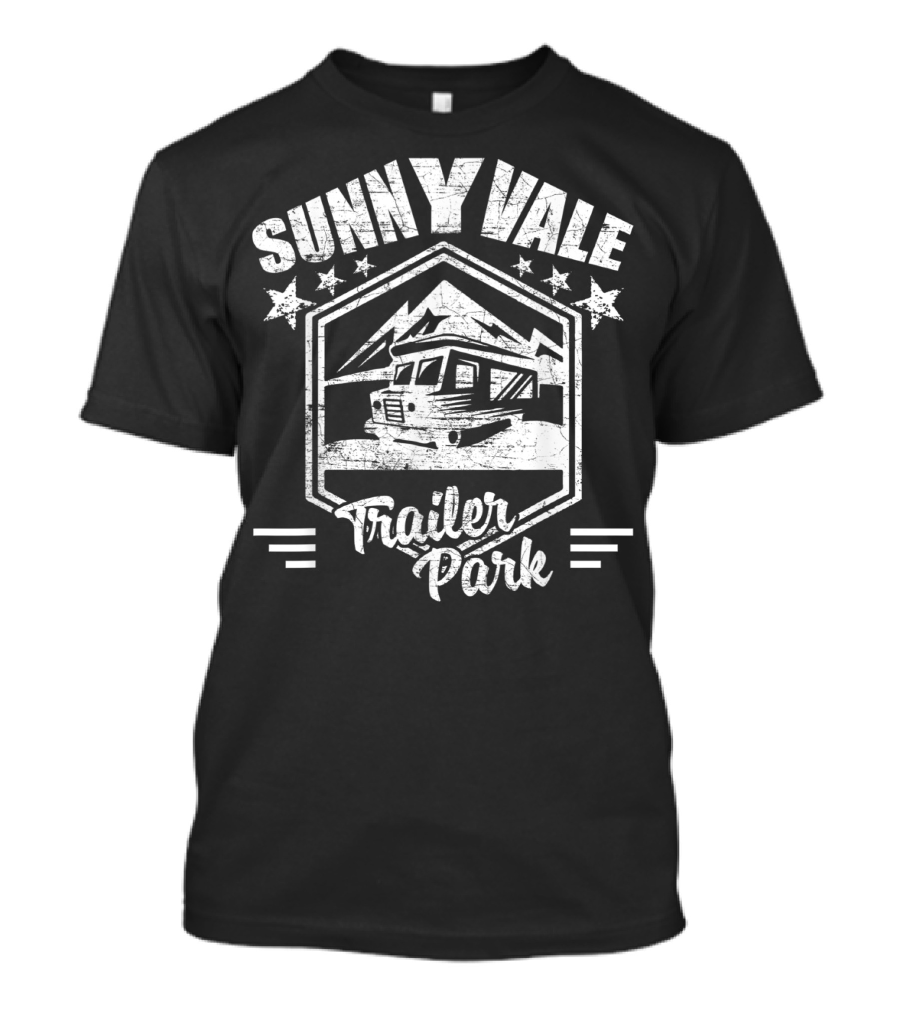 Sunnyvale Trailer Park Stars And Mountain Landscape Badge T-Shirt