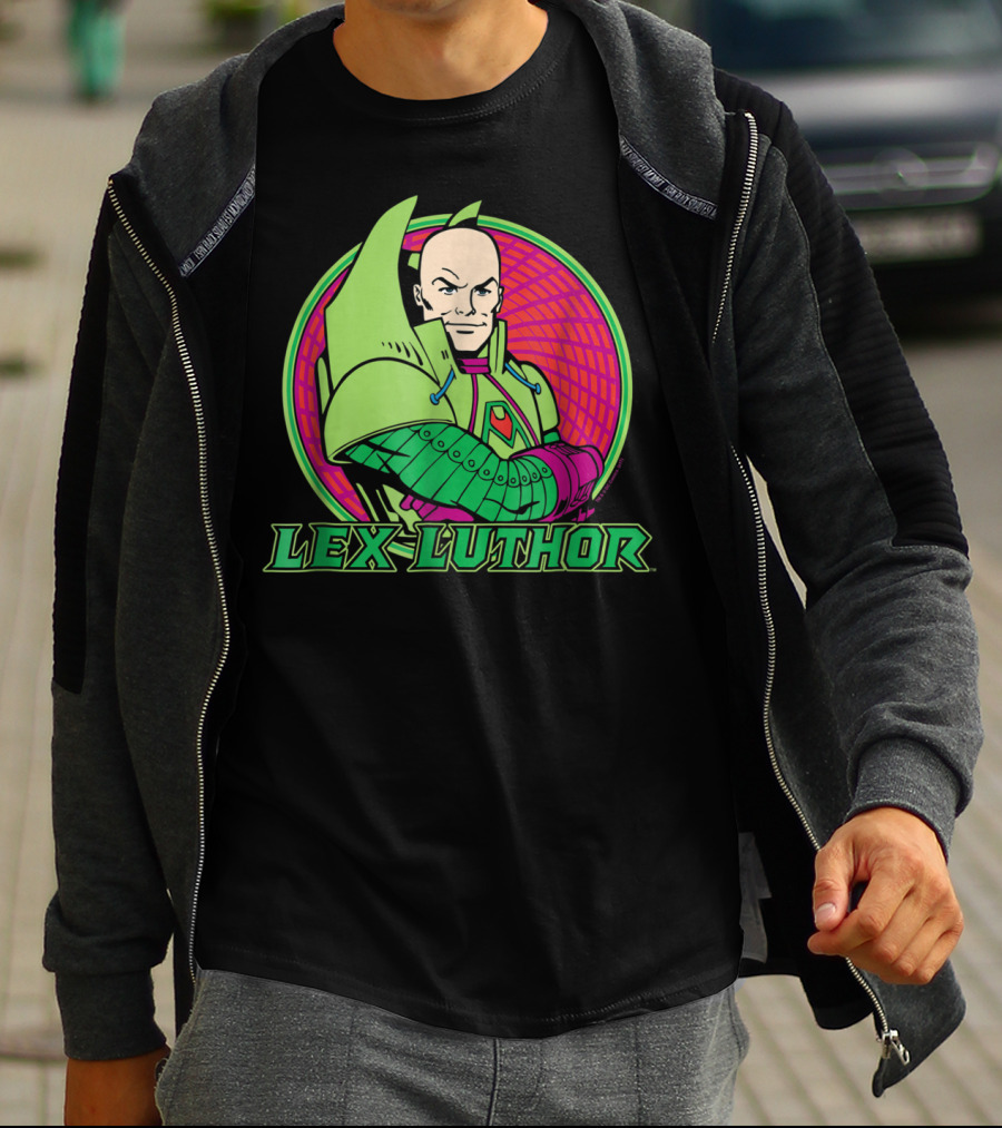 Lex Luthor Iconic Supervillain Style In Bold Green And Pink Armored Suit T-Shirt