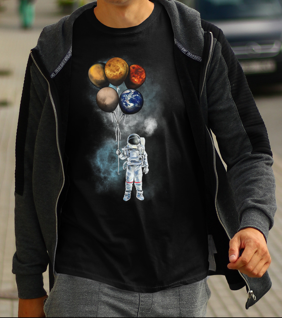 The Spaceman's Adventure Holding Planet Balloons In Outer Galaxy T-Shirt