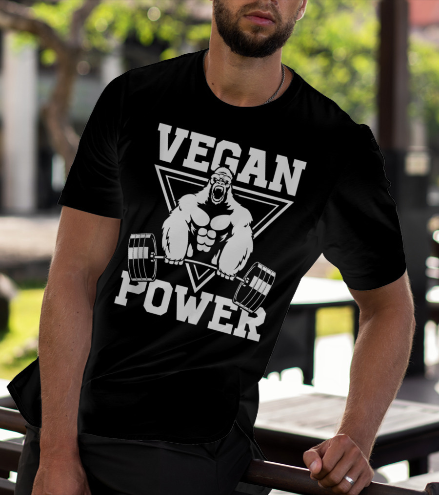 Vegan Power Gorilla Weightlifting Strength Fitness T-Shirt