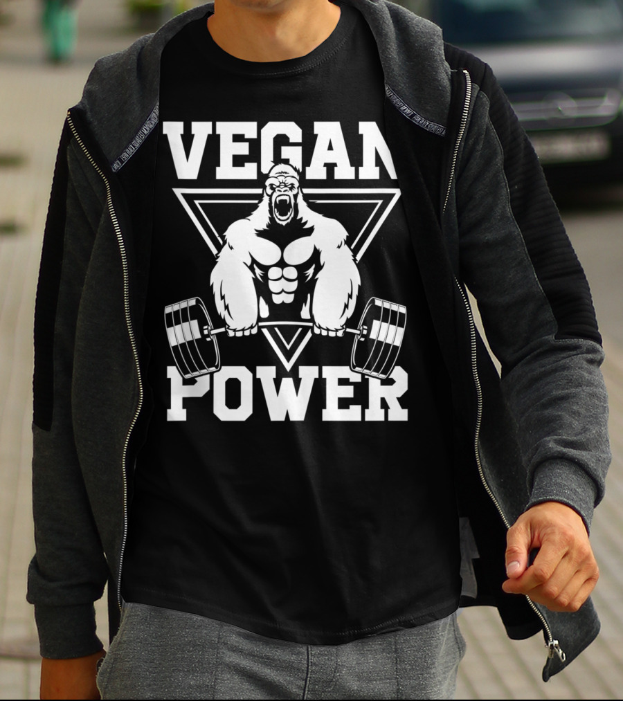 Vegan Power Gorilla Weightlifting Strength Fitness T-Shirt