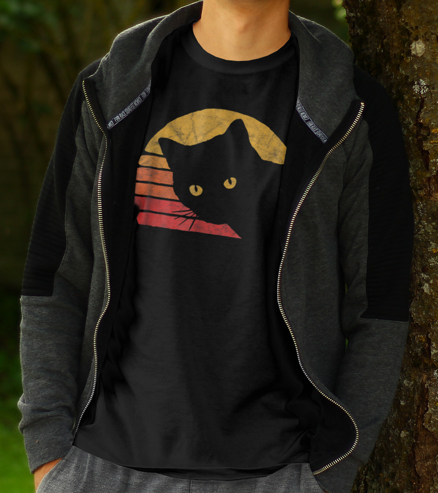 Vintage Eighties Style Cat Distressed Silhouette Retro Sunset T-Shirt