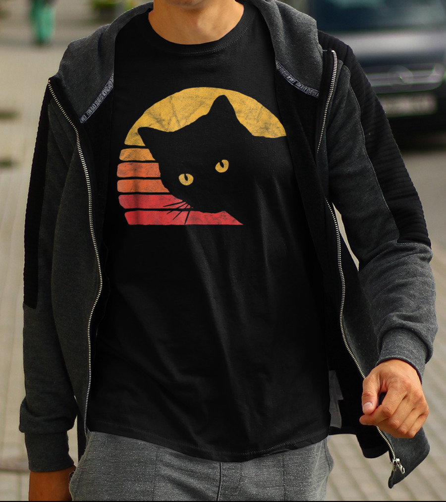Vintage Eighties Style Cat Distressed Silhouette Retro Sunset T-Shirt