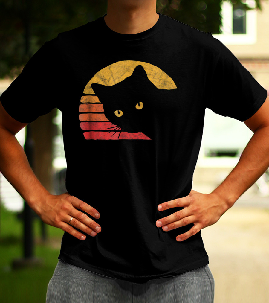 Vintage Eighties Style Cat Distressed Silhouette Retro Sunset T-Shirt