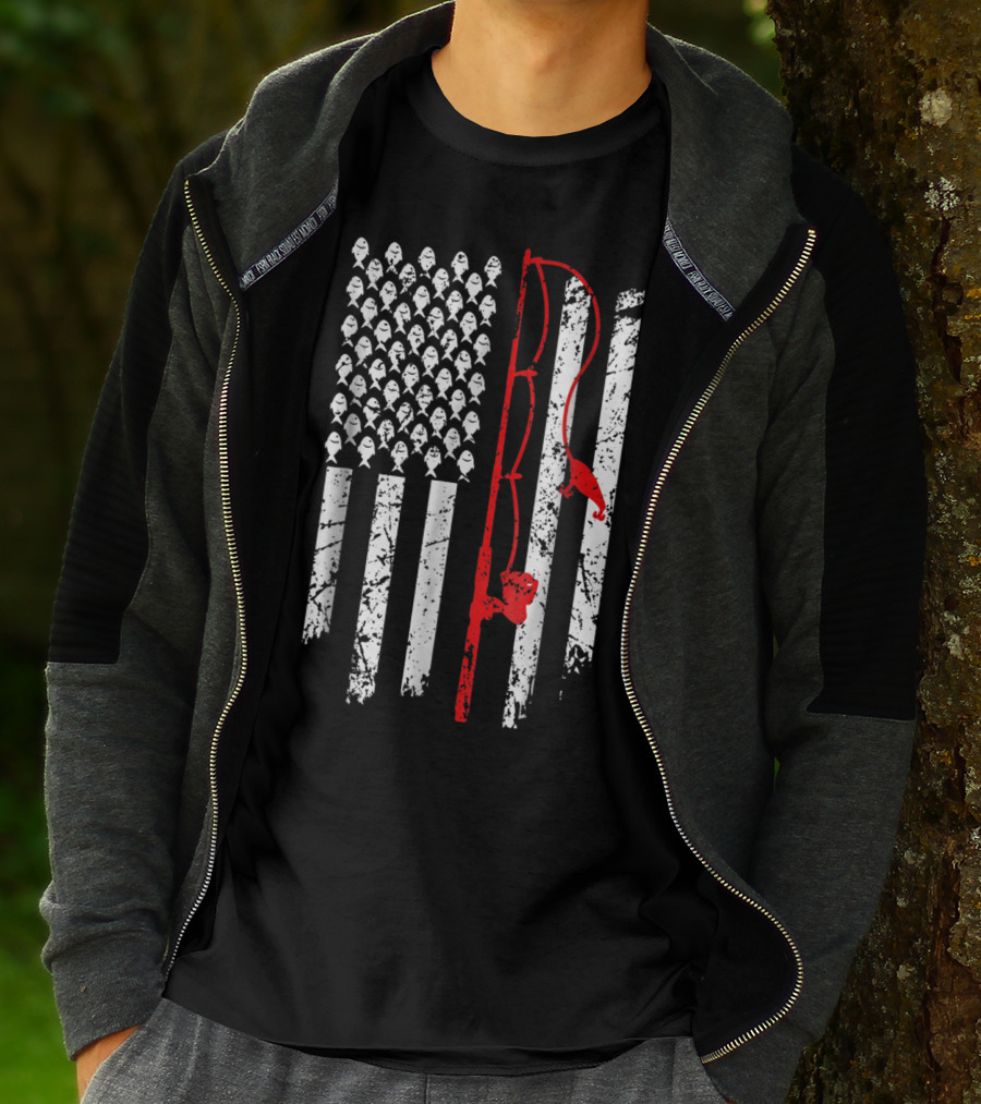 Vintage Fishing Clothes American Flag Bass Fishing Rod Fish T-Shirt