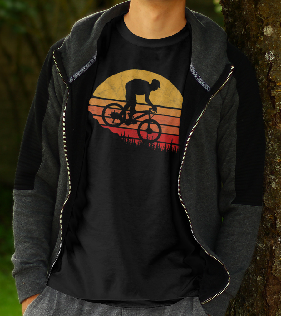 Vintage Mountain Biking Sunset Silhouette Forest Trail T-Shirt