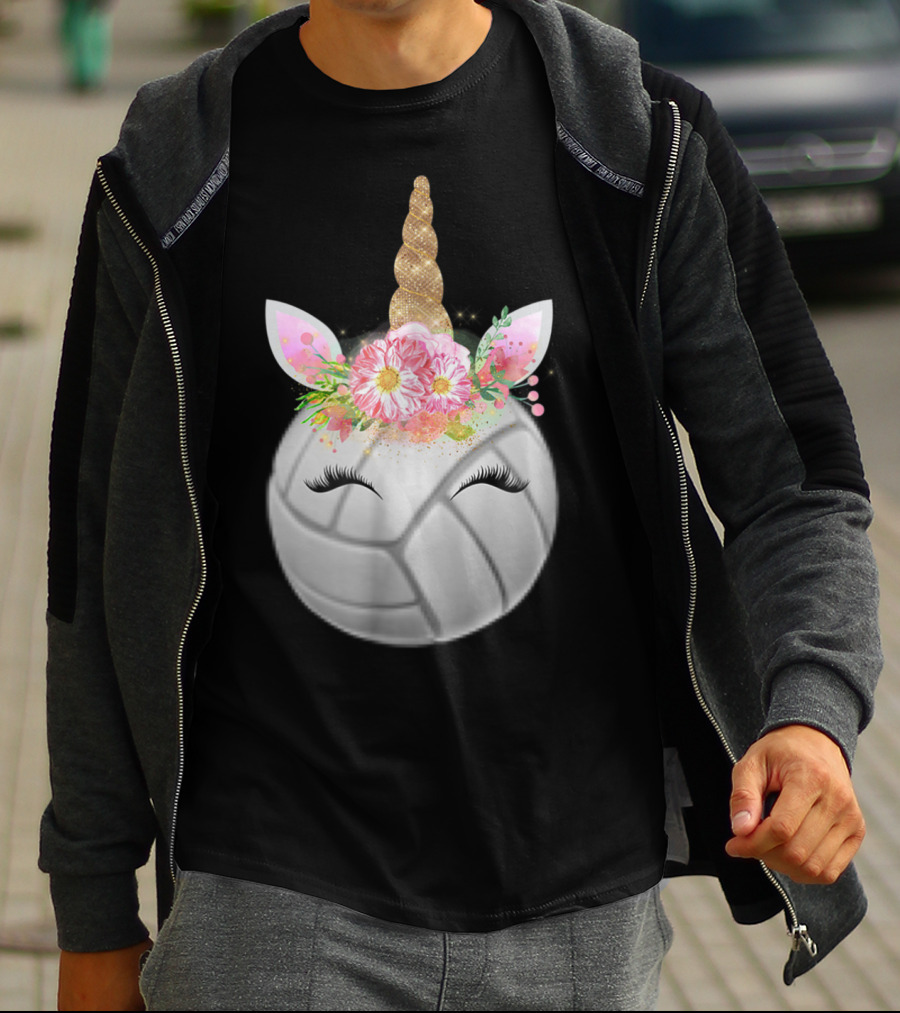 Volleyball Unicorn Funny Sport Love Girls Magical Flower Horn T-Shirt