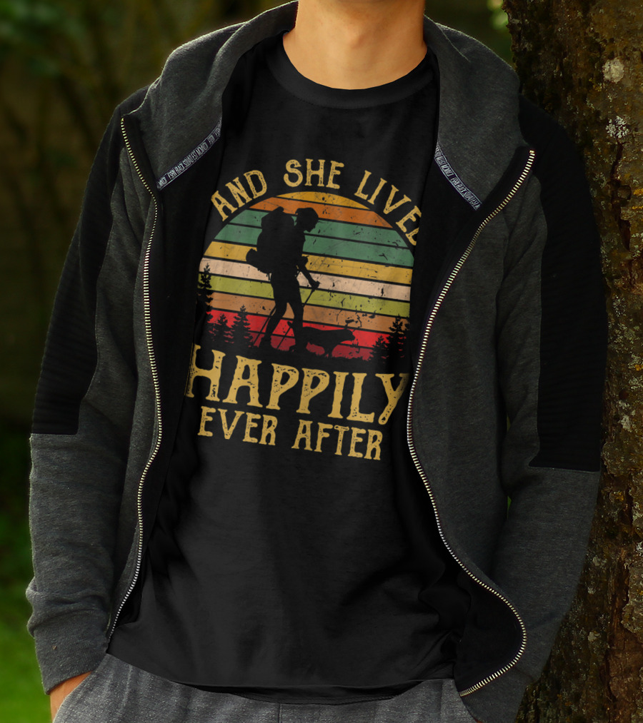 And She Lived Happily Ever After Hiking Vintage Sunset Forest T-Shirt