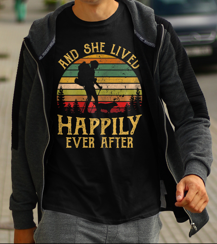 And She Lived Happily Ever After Hiking Vintage Sunset Forest T-Shirt