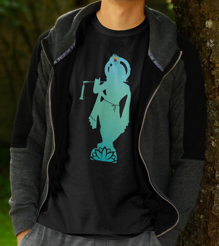 Divine Glory Lord Krishna Flute Silhouette With Peacock Feather And Lotus T-Shirt