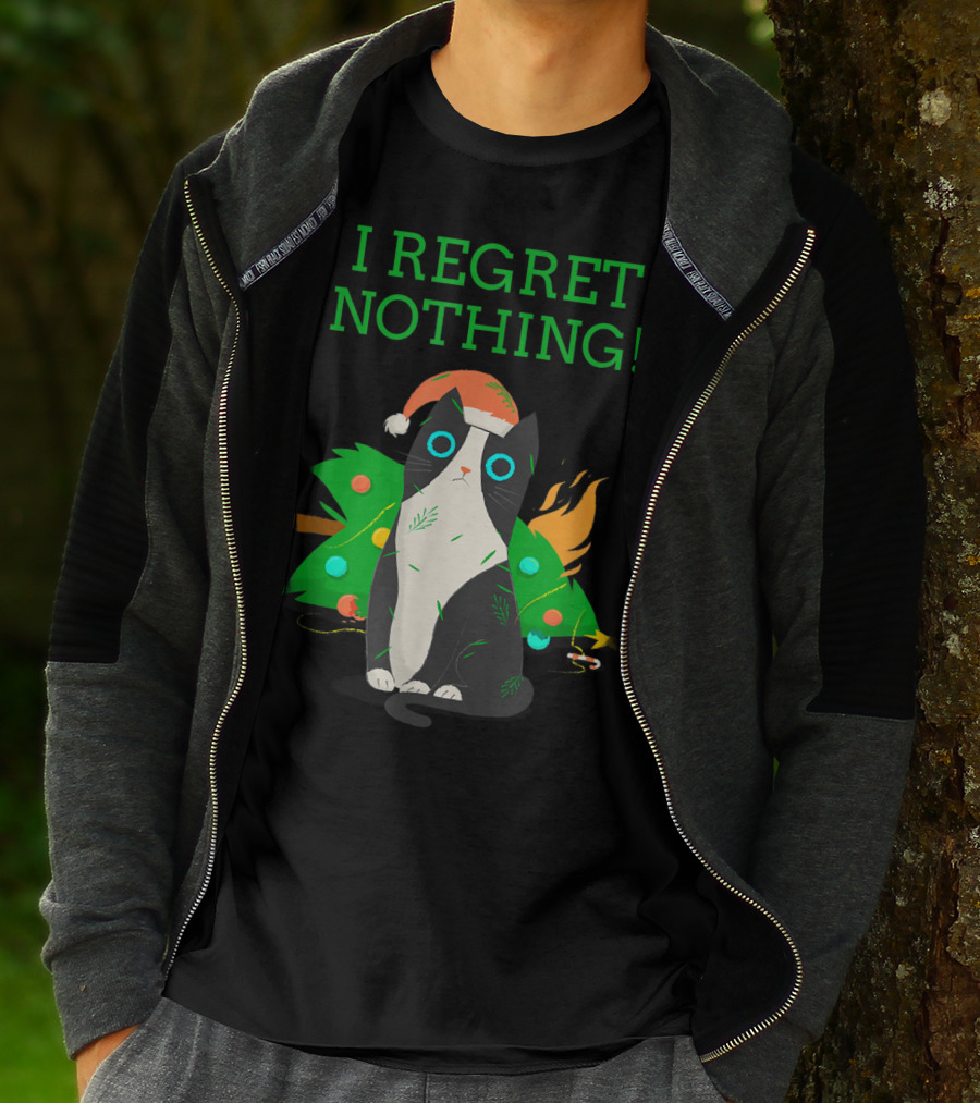 I Regret Nothing Funny Cat With Santa Hat And Christmas Tree T-Shirt