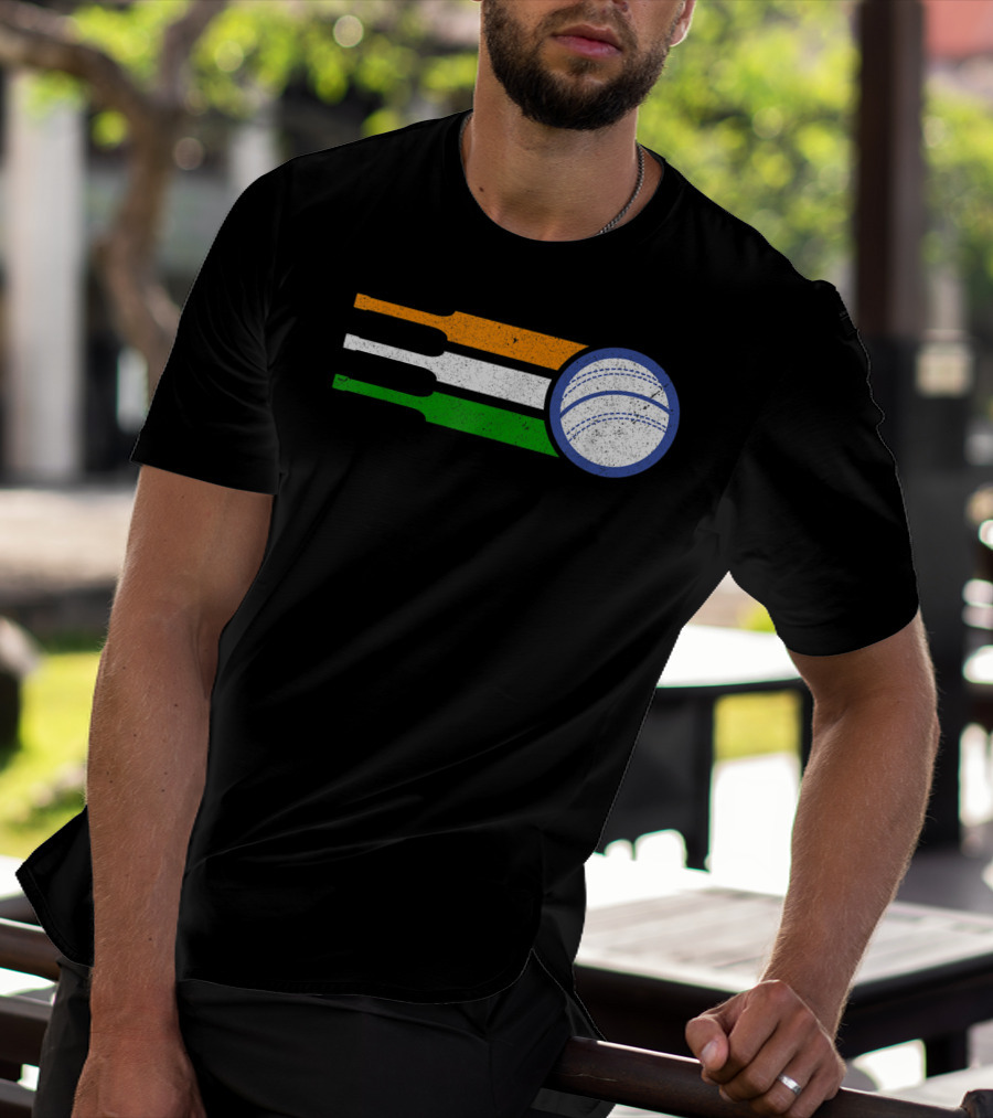 India Cricket Team Fan Flag With Cricket Ball And Tricolor T-Shirt