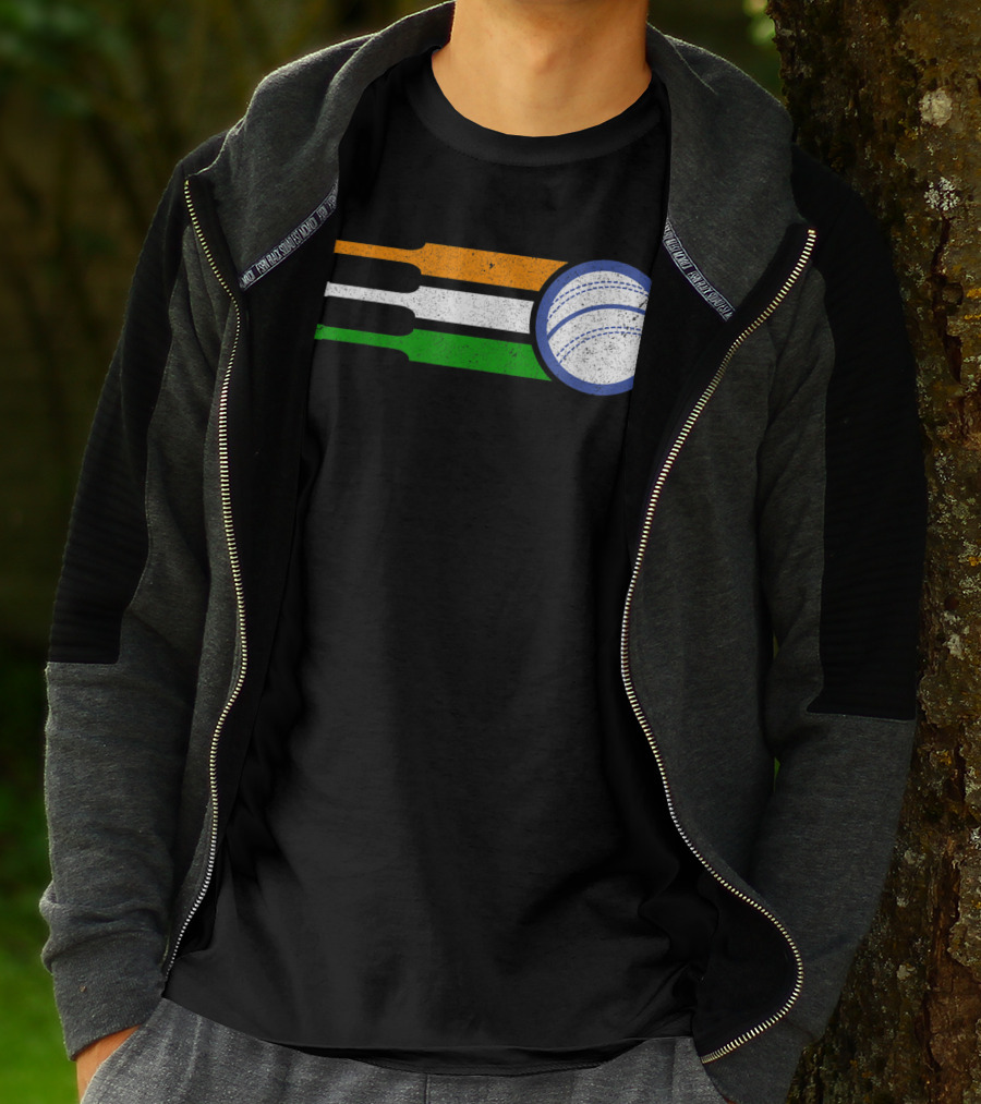 India Cricket Team Fan Flag With Cricket Ball And Tricolor T-Shirt