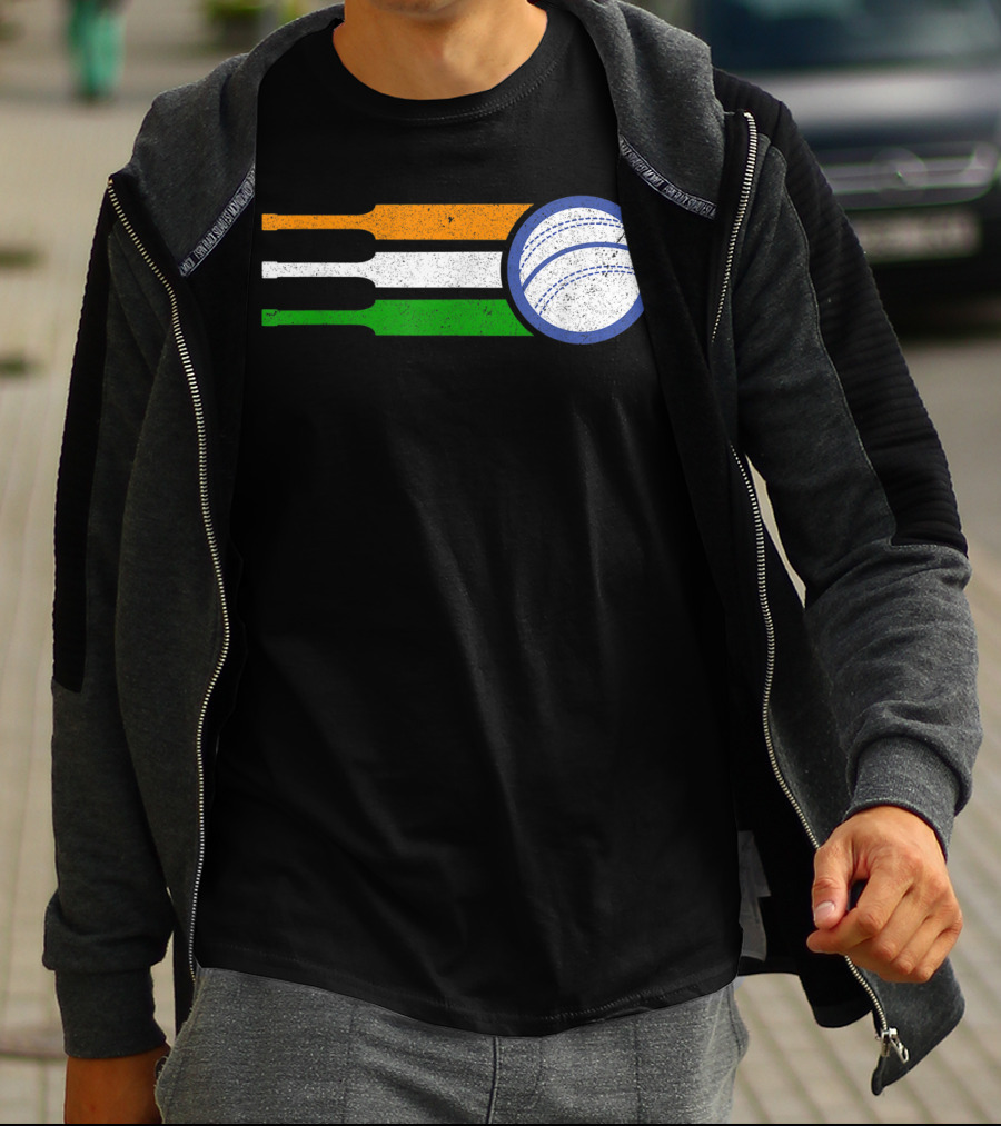 India Cricket Team Fan Flag With Cricket Ball And Tricolor T-Shirt