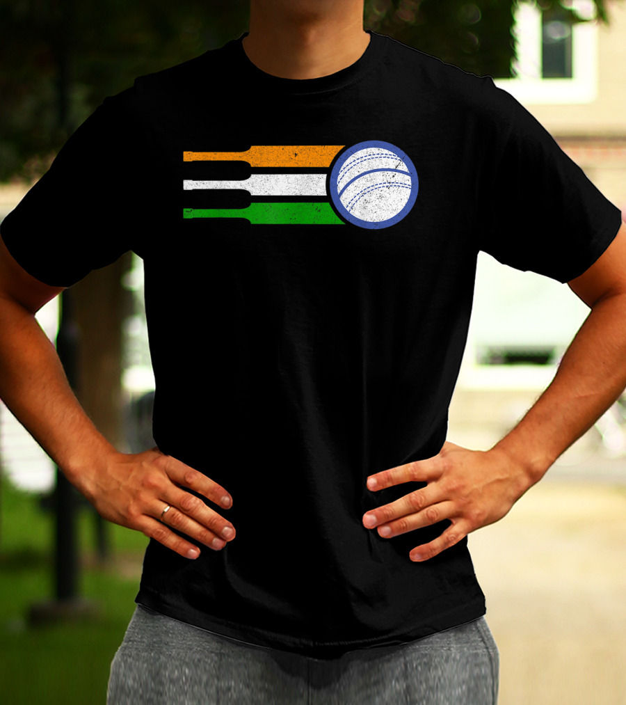 India Cricket Team Fan Flag With Cricket Ball And Tricolor T-Shirt