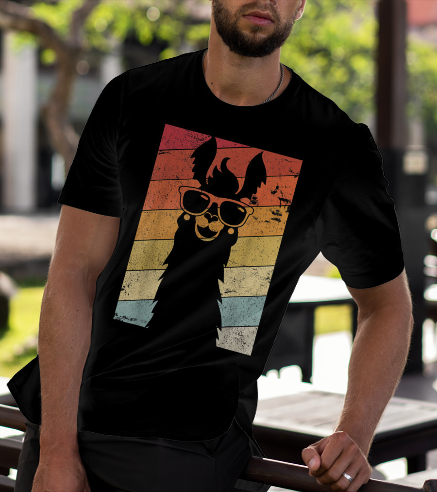 Retro Llama Style Alpaca With Sunglasses On Colorful Stripes T-Shirt