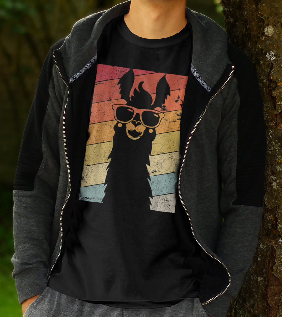 Retro Llama Style Alpaca With Sunglasses On Colorful Stripes T-Shirt