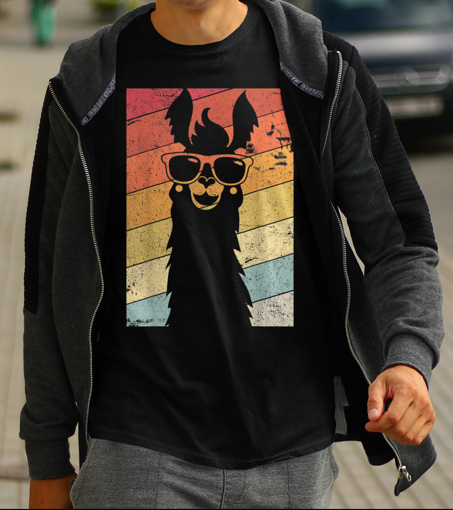 Retro Llama Style Alpaca With Sunglasses On Colorful Stripes T-Shirt