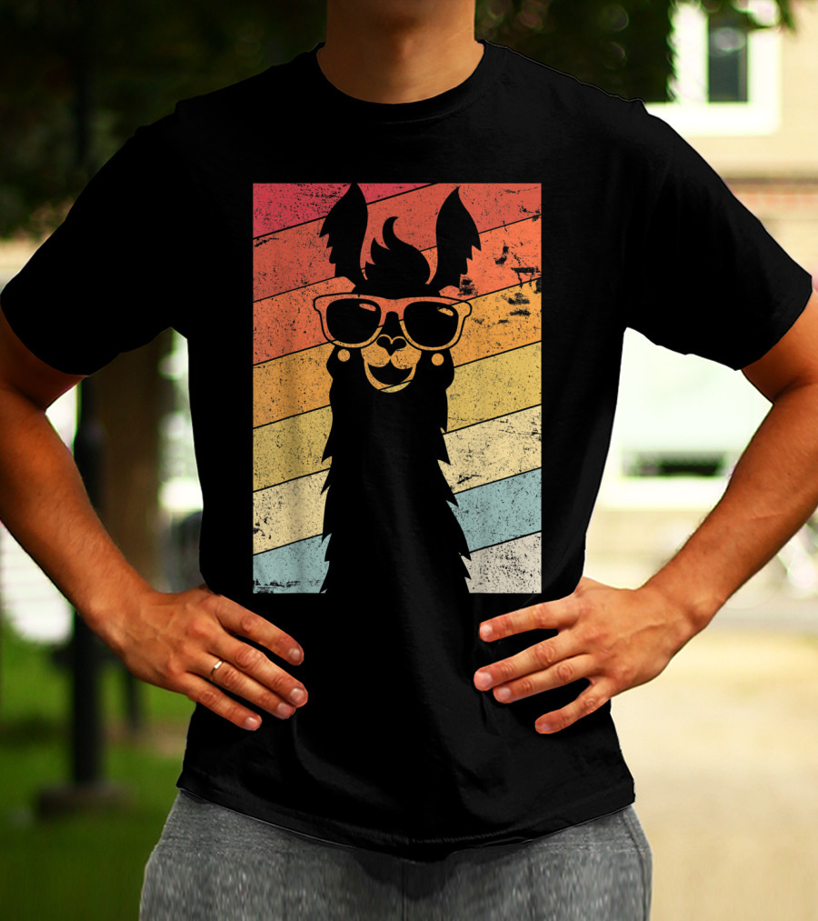 Retro Llama Style Alpaca With Sunglasses On Colorful Stripes T-Shirt