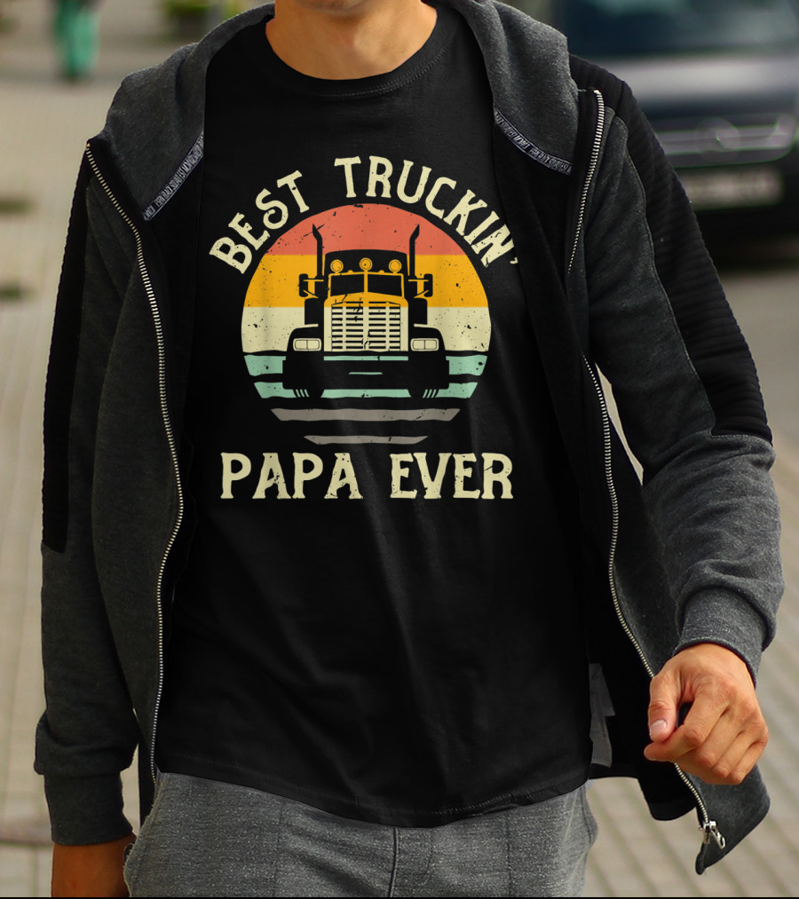 Best Truckin' Papa Ever Vintage Sunset Truck T-Shirt