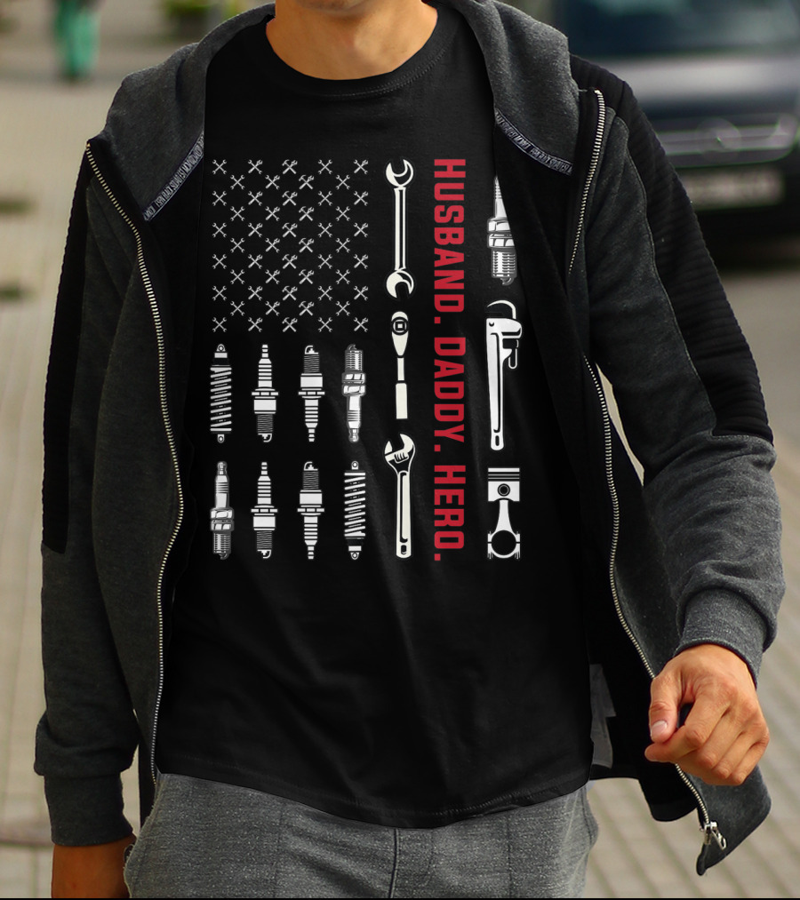 Husband Daddy Hero Patriotic American Flag Mechanics Tools Fathers Day T-Shirt