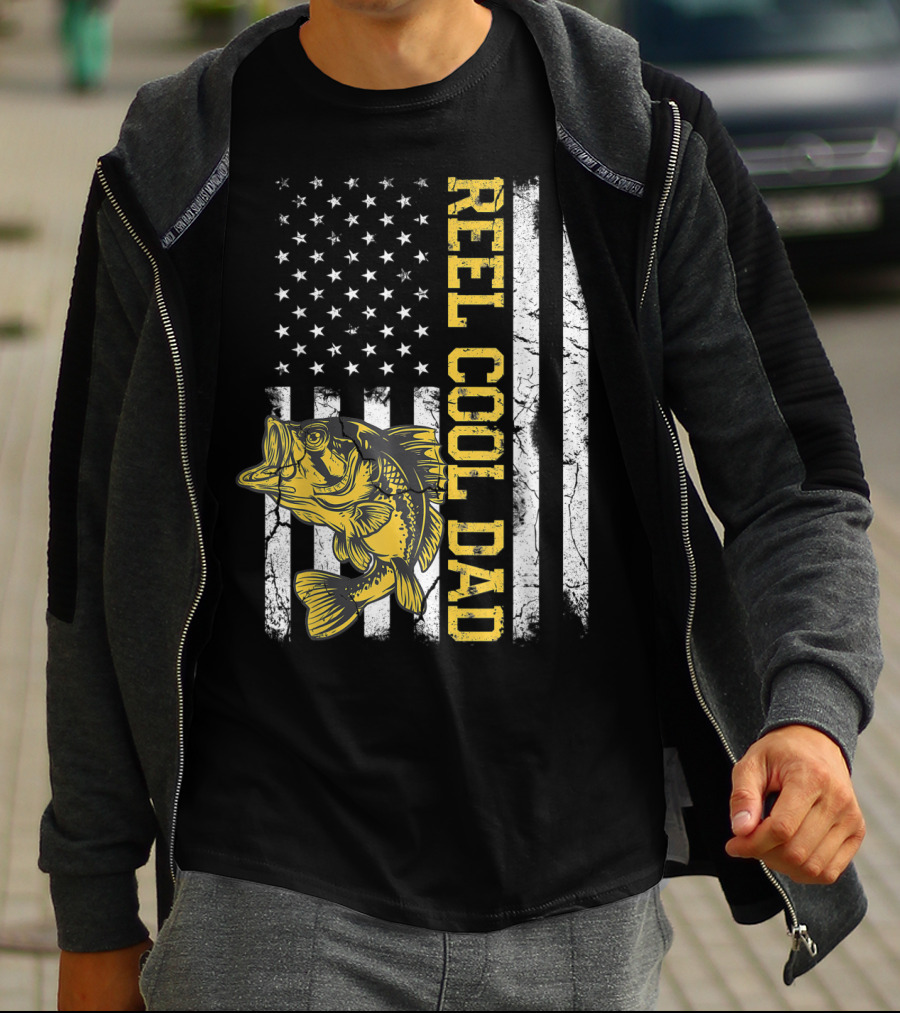 REEL COOL DAD American Flag Fishing T-Shirt