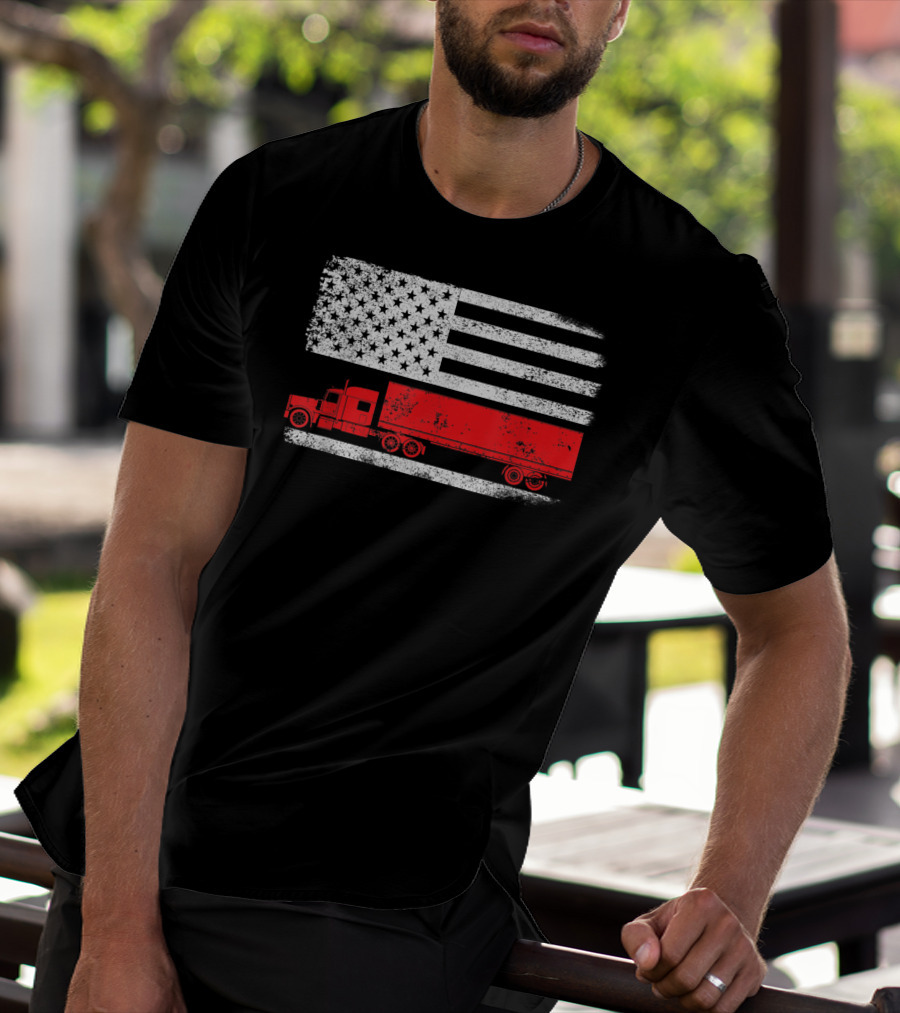 USA Flag American Trucker Red Semi Truck T-Shirt