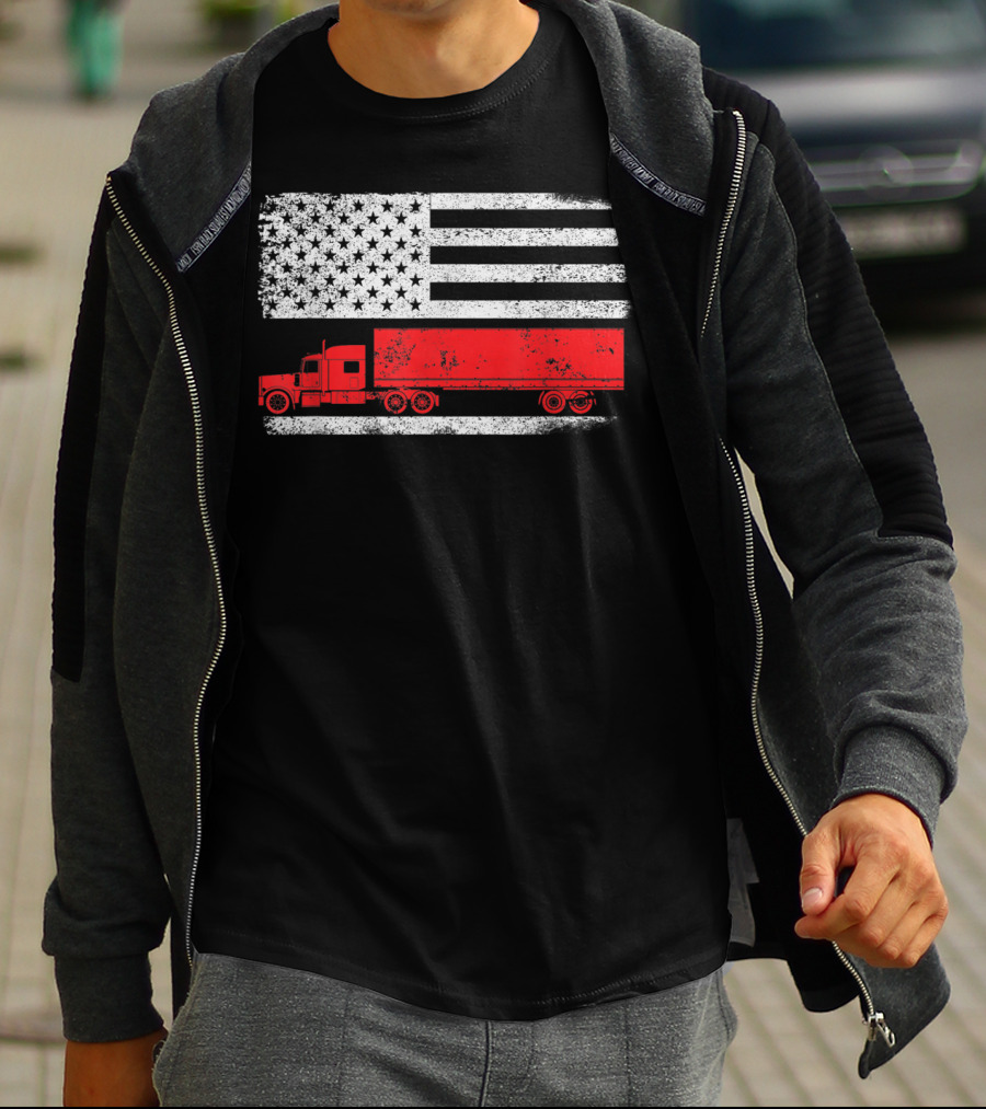 USA Flag American Trucker Red Semi Truck T-Shirt