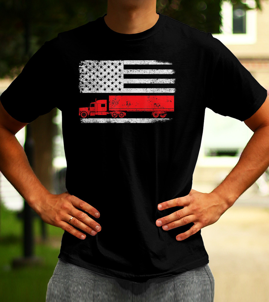 USA Flag American Trucker Red Semi Truck T-Shirt