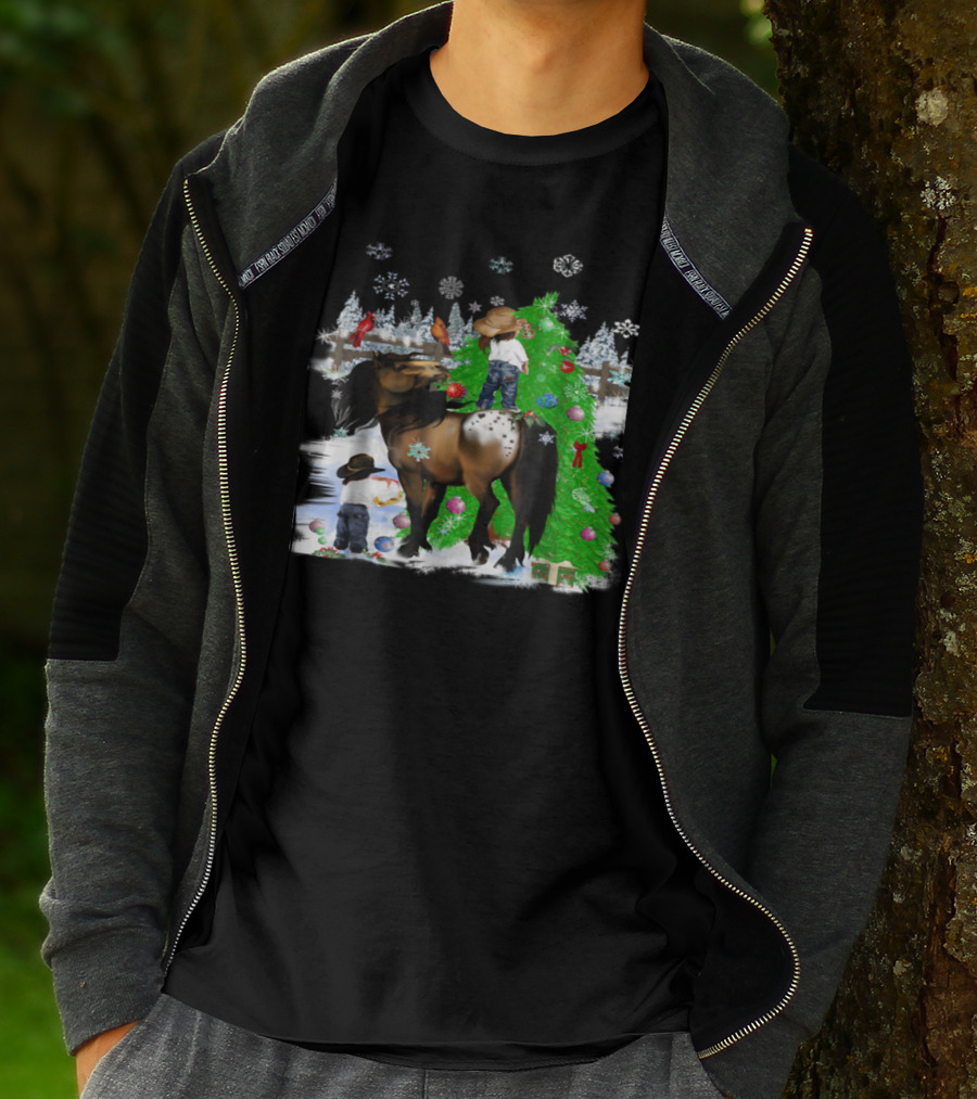 Holiday Cowboy Christmas Scene With Horse Snowflakes And Tree T-Shirt