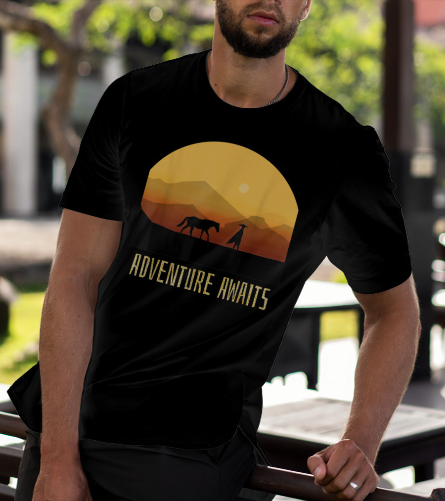 Adventure Awaits Sunset Man Horse Mountains T-Shirt