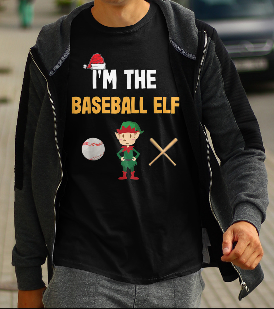 I'm The Baseball Elf Santa Hat Baseball Emoji Elf Bat Cross T-Shirt