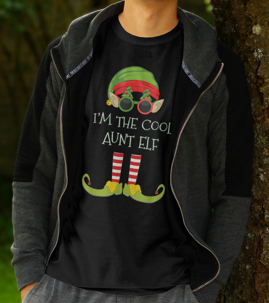 I'm The Cool Aunt Elf Christmas Costume Striped Stockings Green Hat Glasses T-Shirt