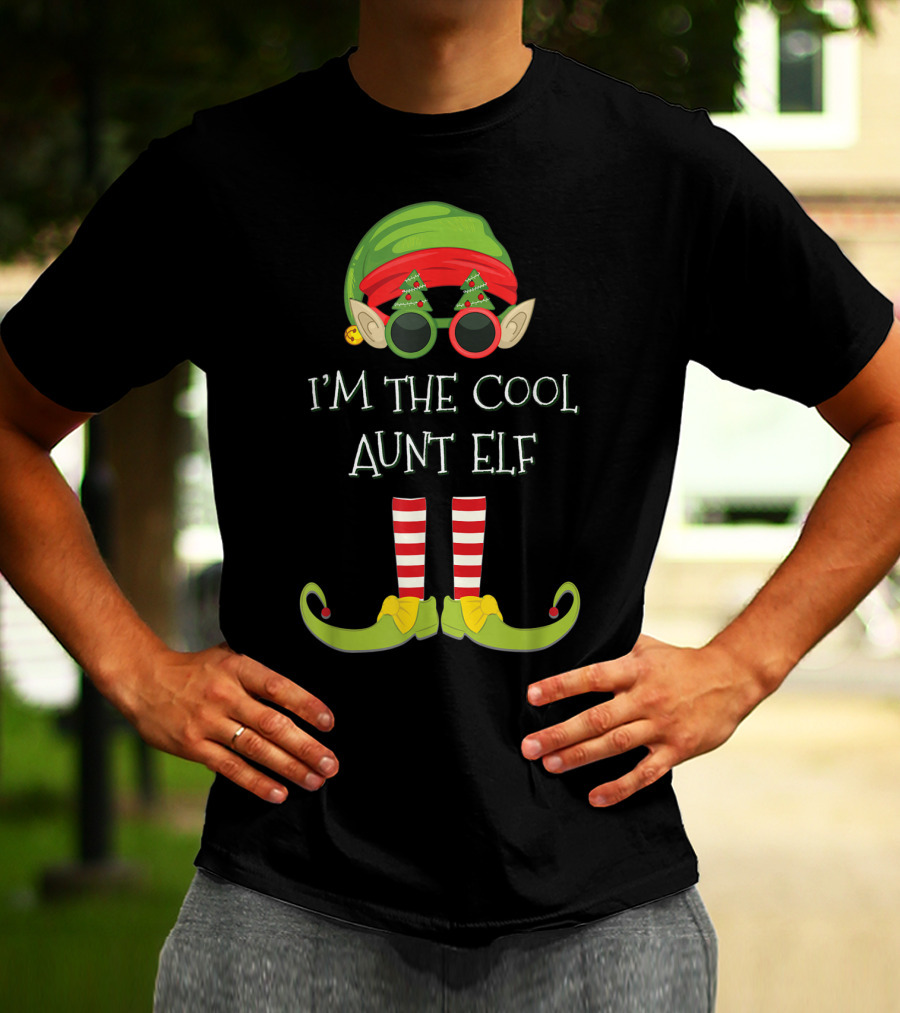I'm The Cool Aunt Elf Christmas Costume Striped Stockings Green Hat Glasses T-Shirt