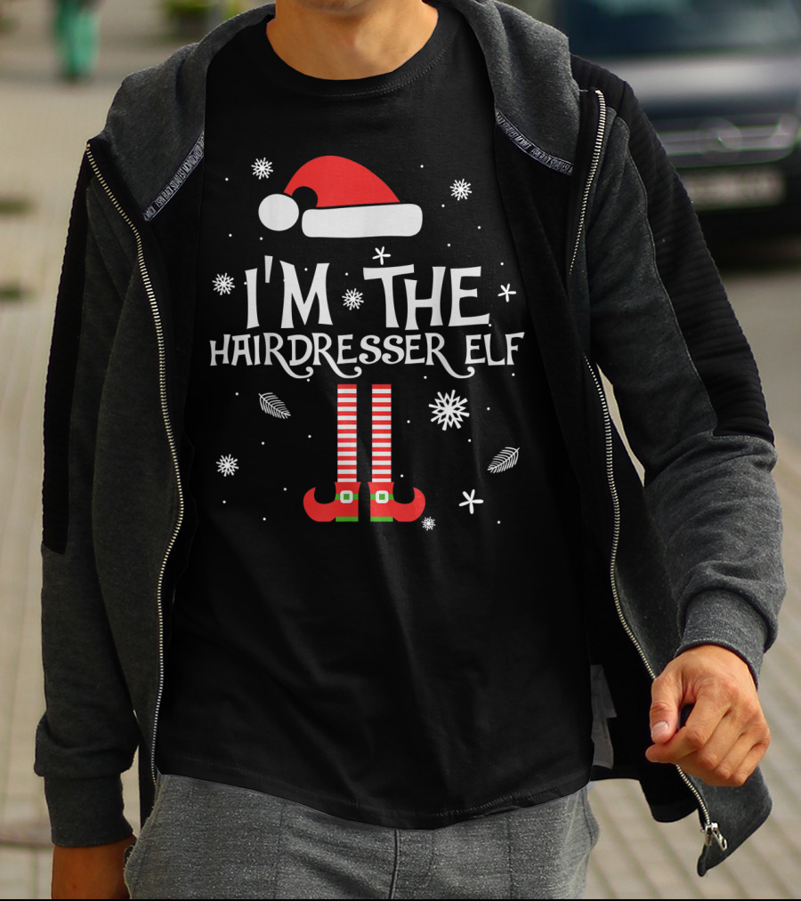 I'm The Hairdresser Elf Christmas Snowflakes And Santa Hat T-Shirt