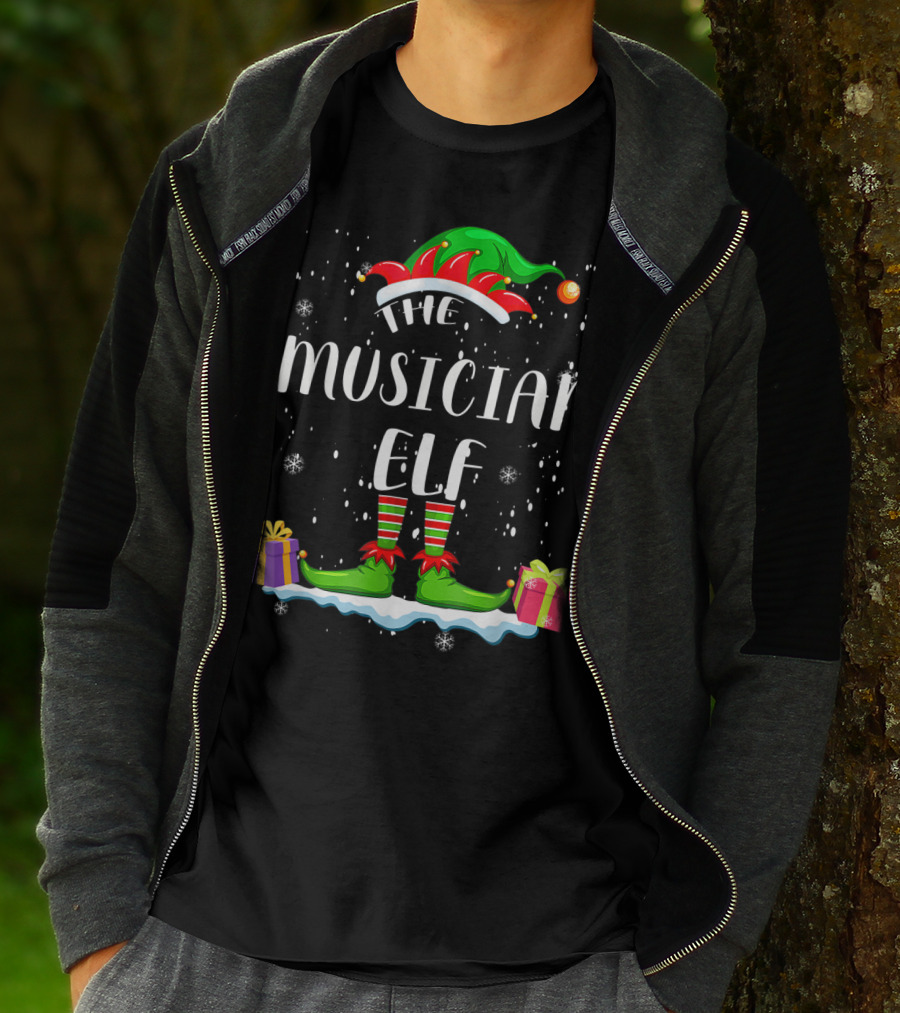 The Musician Elf Christmas Apparel With Festive Gifts And Snowflakes T-Shirt